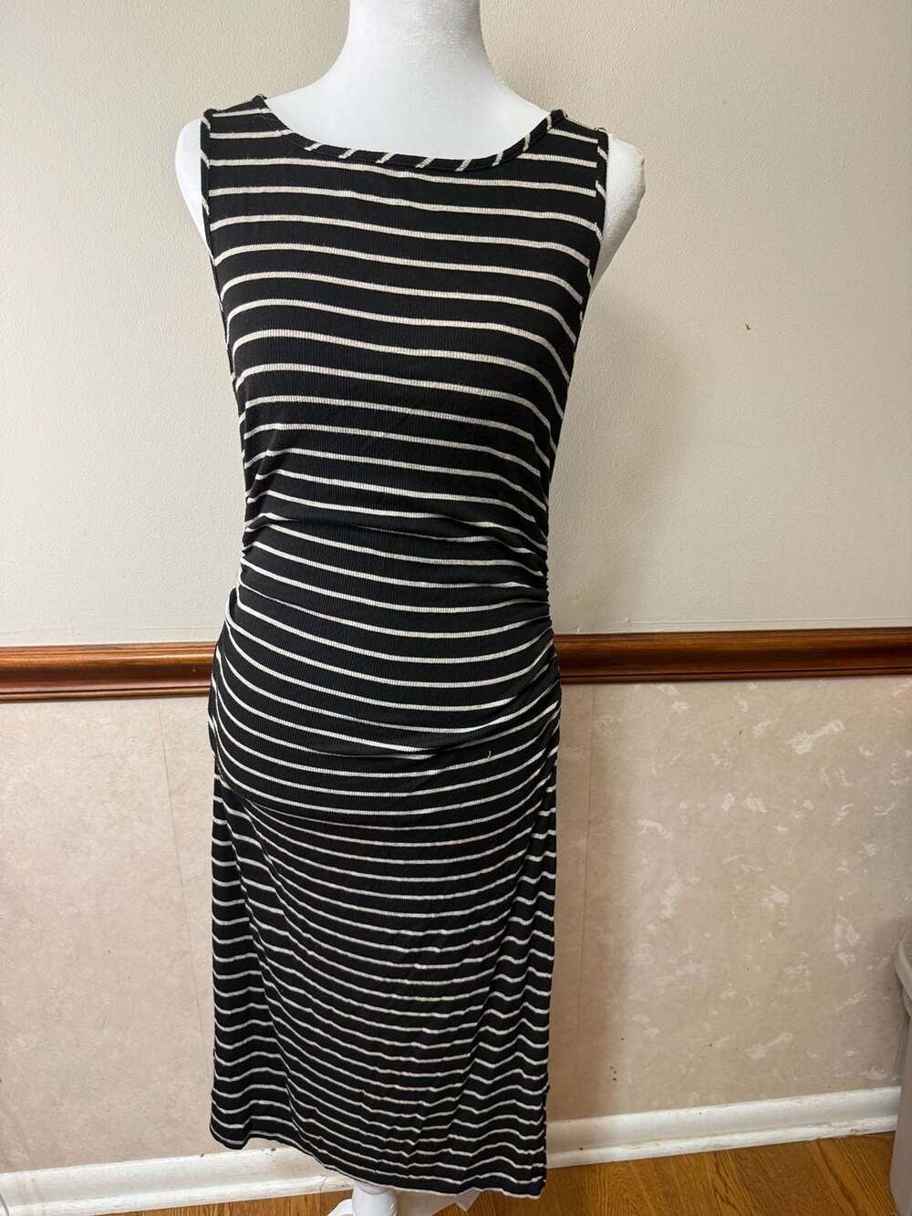 Athleta Black White Striped Sleeveless Midi Dress Medium Ruched Side